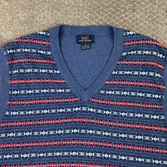 Brooks Brothers Fair Isle Vest Sweater Men's Large Blue Cashmere Cotton Blend - Picture 2 of 8